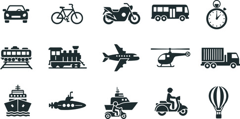 Obraz premium A collection of simple, monochromatic icons representing various modes of transport, including land, air, and sea vehicles. Stopwatch, too. Ideal for design elements or UI/UX applications