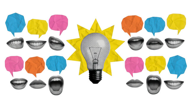 A collage of disembodied mouths speaking or smiling surrounded by crumpled colorful speech bubbles and a light bulb emitting rays symbolizing communication and ideas talking