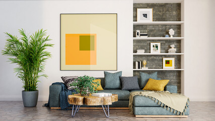 Obraz premium 3D render, illustration Luxury modern living room interior, realistic lighting, wide angle, contemporary furniture, clean lines, minimalist decor, elegant home design, large window