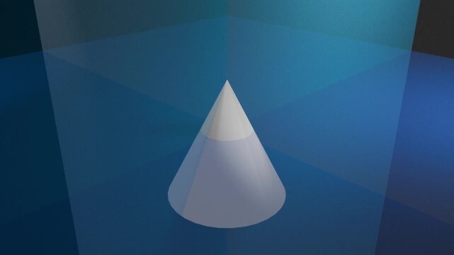 3D shape of a cone displayed on a blue background with light effects