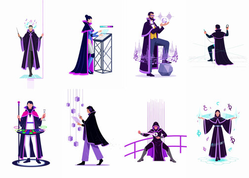 Futuristic digital wizards and sorcerers interacting with holographic music, data interfaces, and virtual reality technology in a flat vector illustration style.