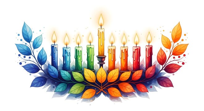 Hanukkah menorah with colorful candles and leaves isolated on white background