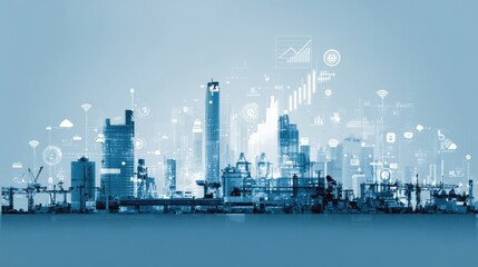 Obraz premium Blue Futuristic Cityscape With Digital Interface Overlay And Financial Growth Charts At Night