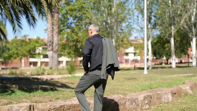 Man walks away, coat slung over shoulder. Sunlight glints off palm fronds, casting deep shadows. Green grass and stone border frame his path. He moves calmly, head slightly bowed