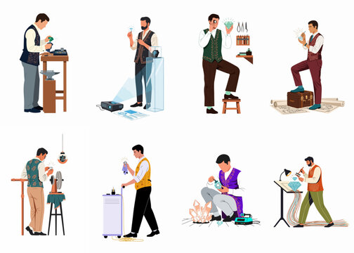 Collection of professional jewelers and gemologists illustrations showing various processes of working with diamonds and precious stones using traditional tools.