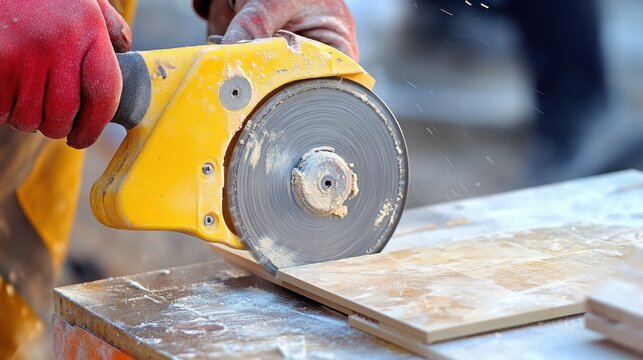 Hand cutting porcelain tile with yellow power tool