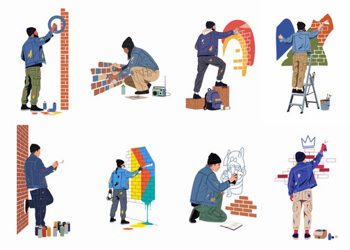 Flat vector illustrations of diverse urban artists creating vibrant graffiti murals on brick walls using spray cans, rollers, and stencils.