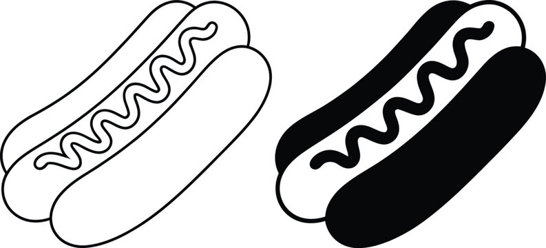 Two hot dogs depicted in contrasting black and white bun styles with wavy lines inside