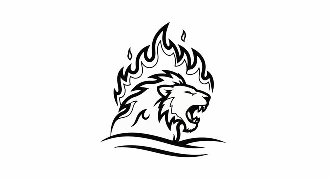 Fierce lion head with fiery mane and tribal waves below
