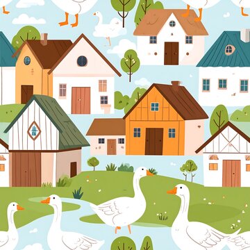 Whimsical village illustration showcasing colorful houses on rolling hills, with a stream and graceful geese roaming