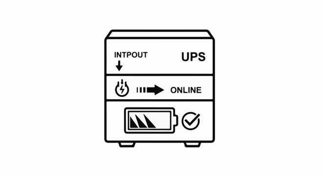 Line art of a UPS device showing power flow and battery status