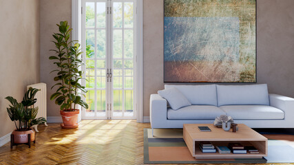 Obraz premium 3D render, illustration Luxury modern living room interior, realistic lighting, wide angle, contemporary furniture, clean lines, minimalist decor, elegant home design, large window