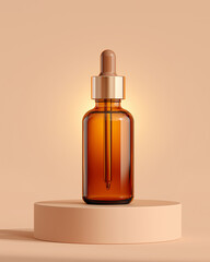 Fototapeta premium A brown glass dropper bottle with a silver cap and pipette stands on a beige circular pedestal against a soft peach background.
