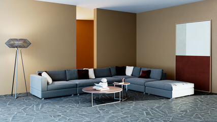 Obraz premium 3D render, illustration Luxury modern living room interior, realistic lighting, wide angle, contemporary furniture, clean lines, minimalist decor, elegant home design, large window