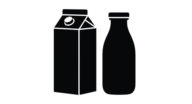 Simple black silhouette illustration of a milk carton and a glass bottle