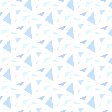 Abstract geometric pattern of scattered blue and cyan triangles on a white background, dynamic modern design perfect for textiles, wallpapers, and decorative graphic projects