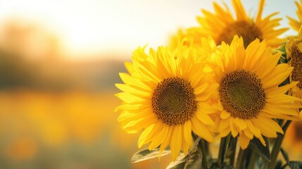 Obraz premium Bright sunflower bouquet in foreground, blurred endless sunflower field background, strong sunlight, vibrant yellow tones, high detail, concept