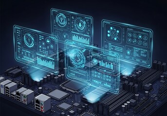 Fototapeta premium Futuristic Digital Dashboard Overlay Over Computer Circuit Board
