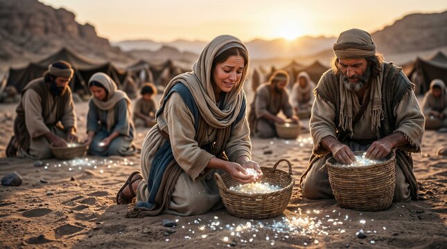 God Providing Manna and Quail in the Wilderness for the Israelites During Their Journey Through the Desert