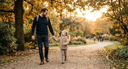 Fototapeta premium Father walking with daughter in autumn park as family bonding concept 