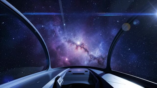 View From Spaceship Cockpit Looking Out At Colorful Nebula And Stars.