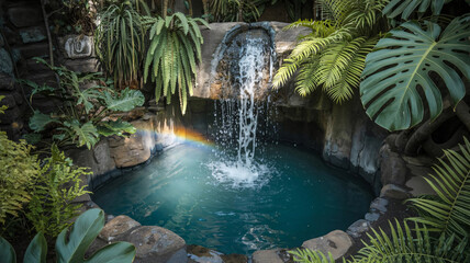 Obraz premium Waterfall flows into a tranquil stone pond framed by vibrant tropical plants.