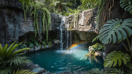 Obraz premium Waterfall cascades into a secluded tropical pool surrounded by lush greenery.