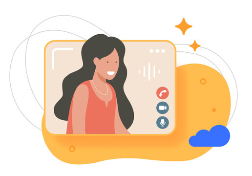 Video call meeting woman online icon vector modern graphic minimal drawn illustration design, virtual remote webinar conference technology with character, internet camera talk clip art
