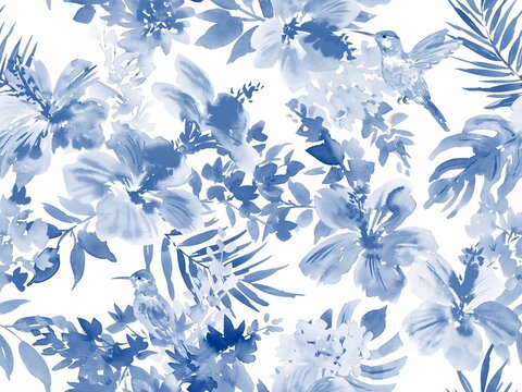 Watercolor floral seamless pattern with abstract hand painted indigo blue hibiscus, monstera, tropical leaved and humming birds for fabric, home decor and surface design.