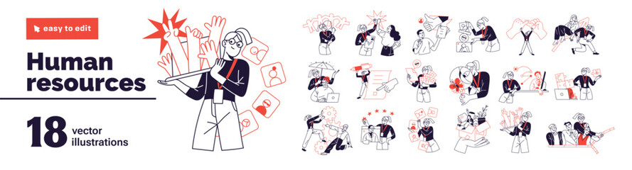 Obraz na płótnie Canvas Human resources concept set. Sketches of HR. Searching for candidates, reviewing of CV, job interviews, recruitment and onboarding. Employee hiring. Flat isolated outline vector illustrations on white