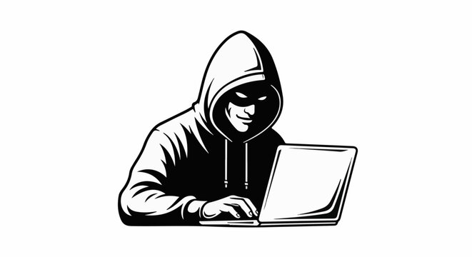 Mysterious figure in a hooded sweatshirt typing on a laptop with intent