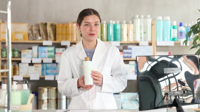 Smiling young female pharmacist in white coat holding bottles of dermatological shampoo, helping customer to choose suitable option for scalp care at pharmacy counter. High quality 4k footage