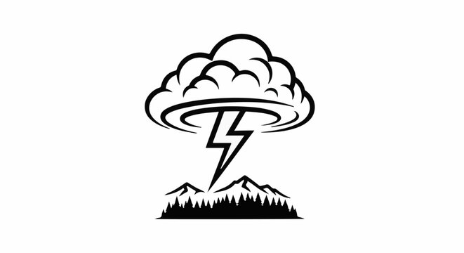 Stylized stormy cloud with lightning over mountains and pine forest