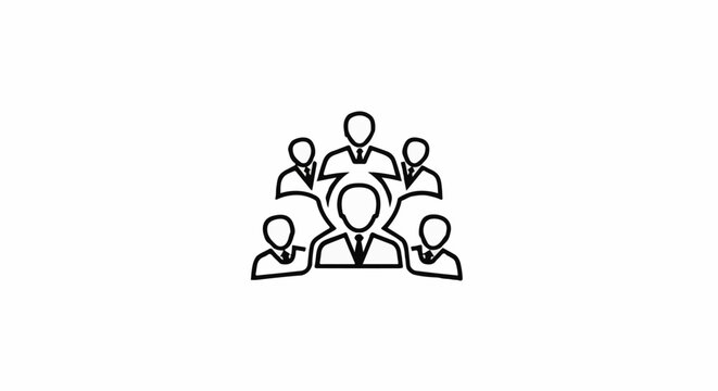 Stylized line art shows a central figure surrounded by four others, suggesting teamwork