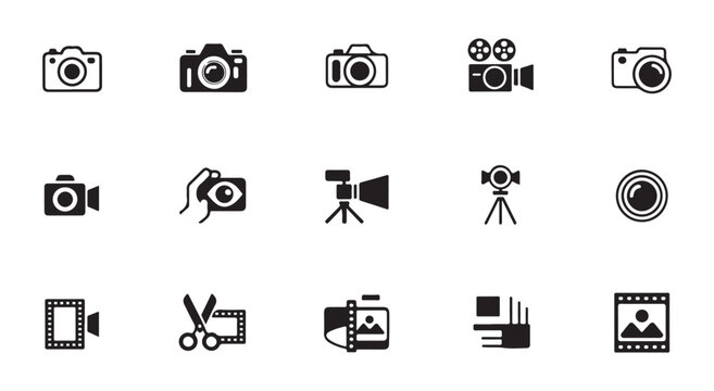 Set of camera shutter aperture icons, photographic lens iris symbol vector, adjustable opening mechanism.