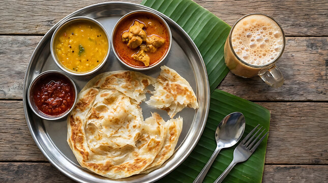 Top down perspective of authentic Malaysian street food breakfast featuring flaky buttery Roti Canai flatbread served with flavorful dhal curry and a frothy hot pulled milk tea known as Teh Tarik.