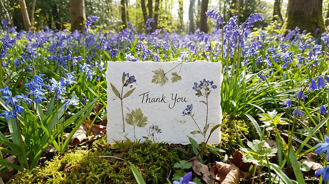 Gratitude greeting card nestled amidst blooming blue wood squill flowers in a lush spring garden, featuring delicate Siberian scilla siberica blossoms against a soft natural bokeh background.