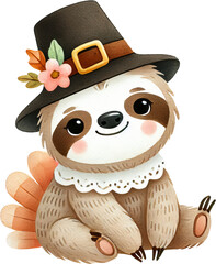 Naklejka premium Sloth pilgrim hat autumn cute watercolor sloth pilgrim hat autumn flower smiling illustration