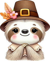 Naklejka premium Cute sloth pilgrim hat autumn watercolor smiling animal illustration for fall holiday design