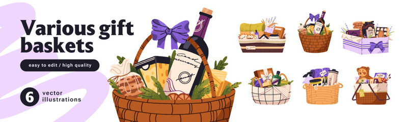 Gift baskets set. Hampers with different presents and treats. Straw boxes with wine, confectionery, groceries, kids toys, beauty and sports kits. Flat isolated vector illustrations on white background © Paper Trident