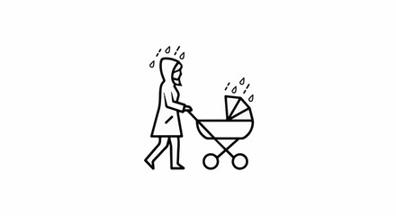 Obraz premium Person in rain gear pushes baby stroller in rain