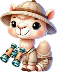 Fototapeta premium Safari hat cute llama binocular cartoon explorer adventure animal activity illustration