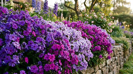 Obraz premium Vibrant violet phlox paniculata blossoms flourishing in a lush summer garden, delicate petals of the perennial garden phlox displaying rich lavender hues during peak seasonal flowering phase.