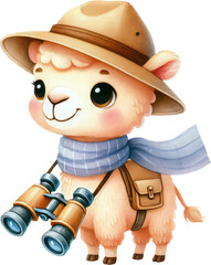 Fototapeta premium Cute llama explorer illustration with hat scarf binocular and backpack, cheerful adventure