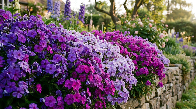 Vibrant violet phlox paniculata blossoms flourishing in a lush summer garden, delicate petals of the perennial garden phlox displaying rich lavender hues during peak seasonal flowering phase.