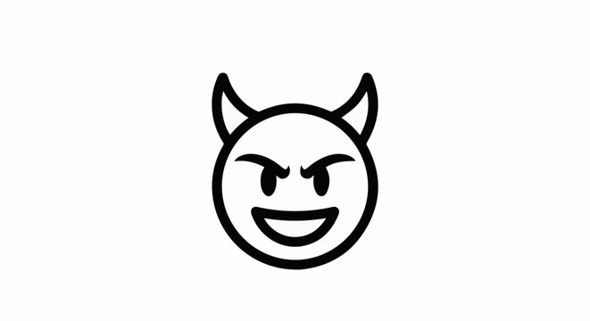 A simple black and white emoji of a devil with horns and a mischievous grin