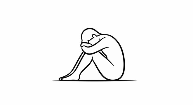 A minimalist line drawing depicts a person curled up in a fetal position