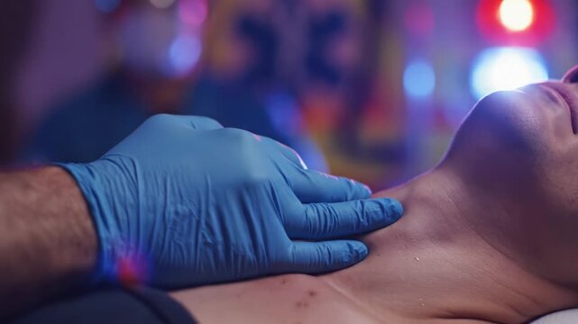A paramedic in blue gloves checks the pulse on a victim's neck. Emergency scene with flashing lights at night. Useful for medical, first aid, and emergency service content.