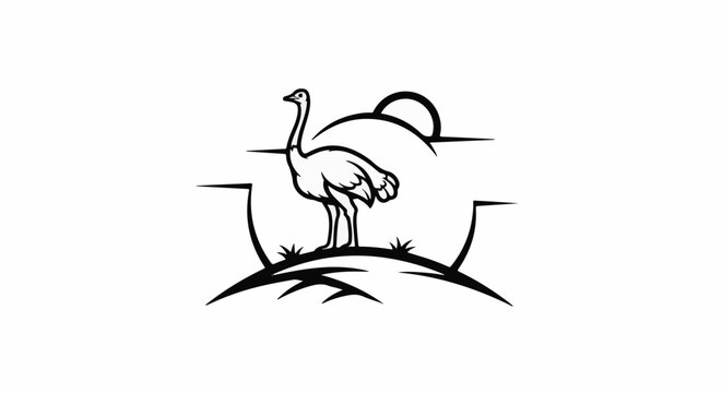 Stylized ostrich silhouette against a setting sun and abstract landscape