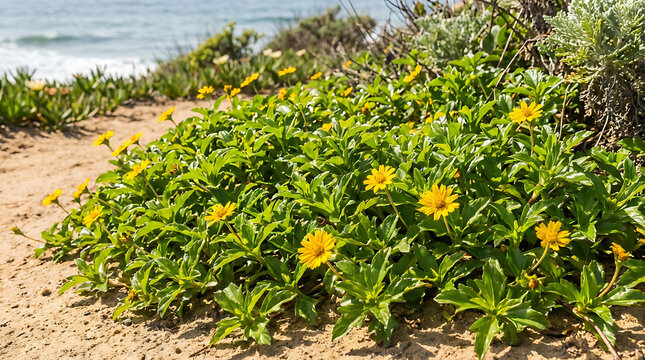 Vibrant yellow Sphagneticola trilobata flower blooming in lush green foliage Singapore daisy creeping oxeye trailing daisy wedelia plant species growing in natural garden environment